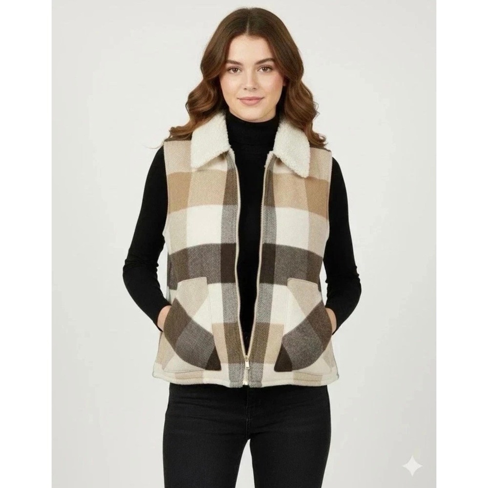 NWT Sanctuary Womens Plaid Sherpa Lined Zip Front Vest Buffalo Check L Warm Cozy